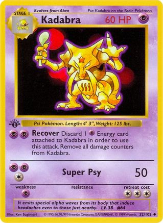 Kadabra 032/102 [Base Set Shadowless]  - 1st Edition