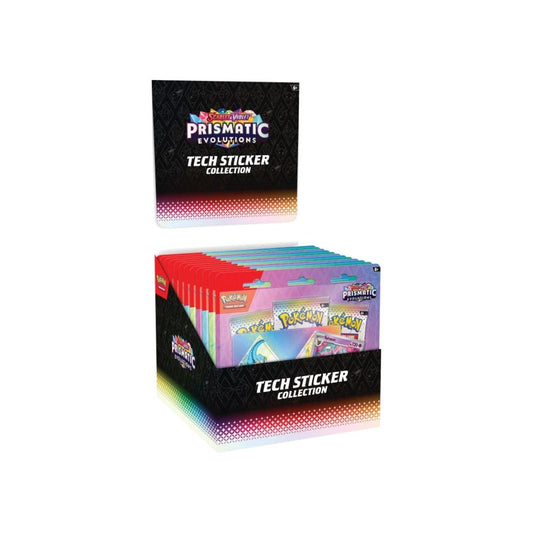 Pokemon Prismatic Evolutions Tech Sticker Collection Display